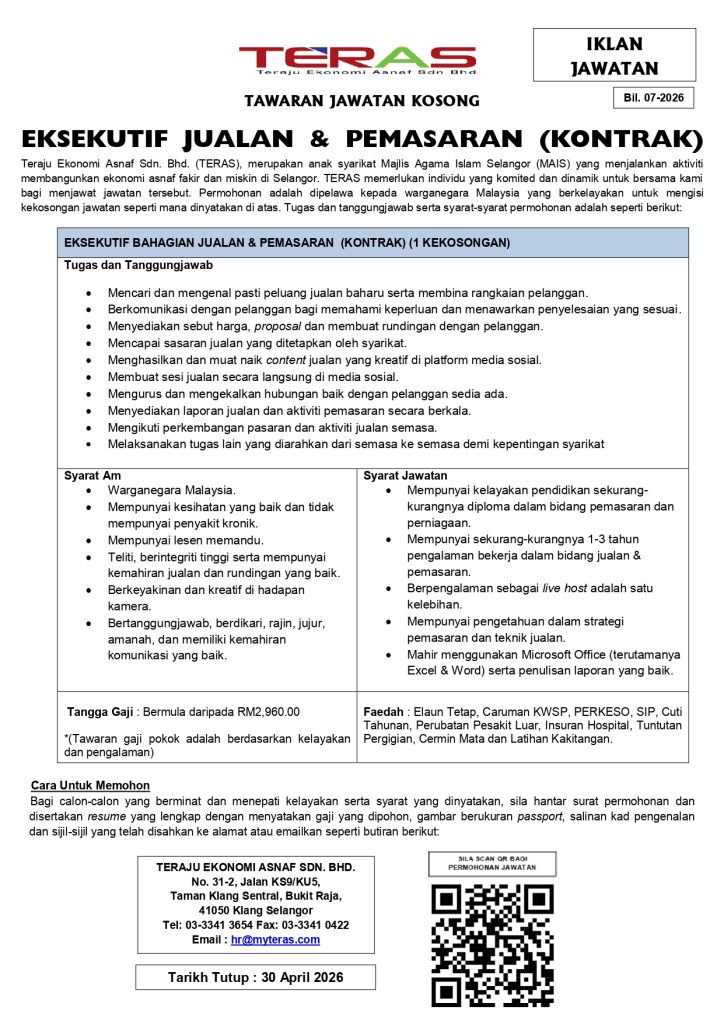 IKLAN JAWATAN KOSONG TERAS Bil  7 2026 Eks Jualan Pemasaran 724x1024