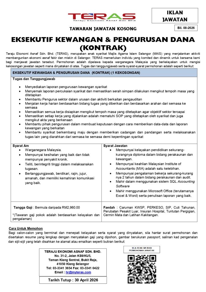 IKLAN JAWATAN KOSONG TERAS Bil  8 2026 Eks Kewangan Pengurusan Dana 724x1024