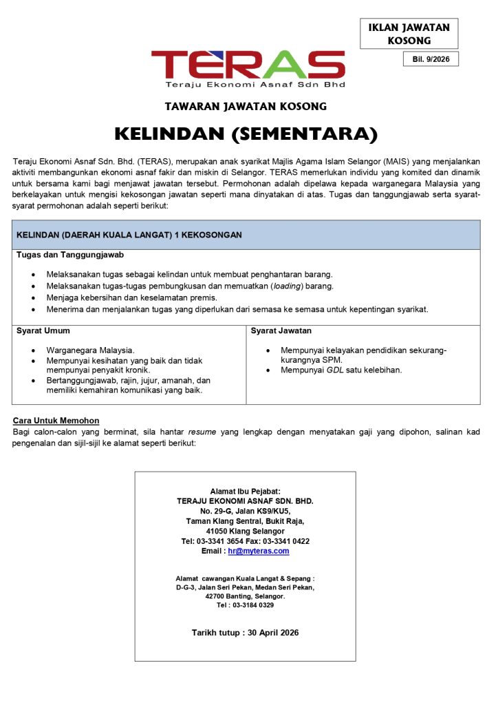 IKLAN JAWATAN KOSONG TERAS Bil  9 2026 KELINDAN KUALA LANGAT SEMENTARA 724x1024