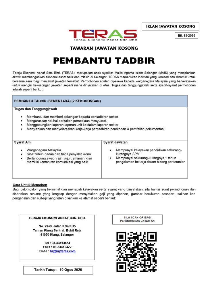 IKLAN JAWATAN KOSONG TERAS Bil  15 2026 PT sementara 724x1024